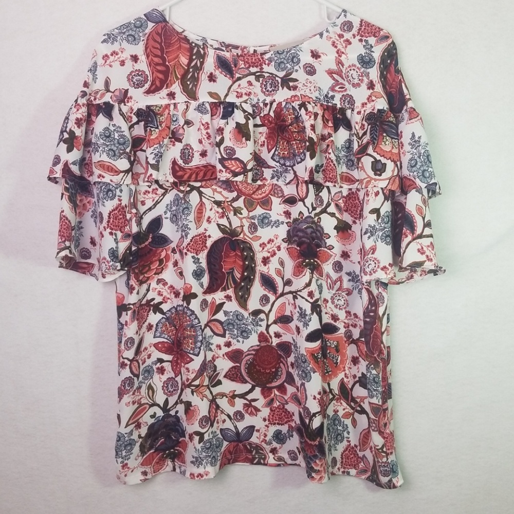 Loft Flower Themed Blouse W/ Button Back